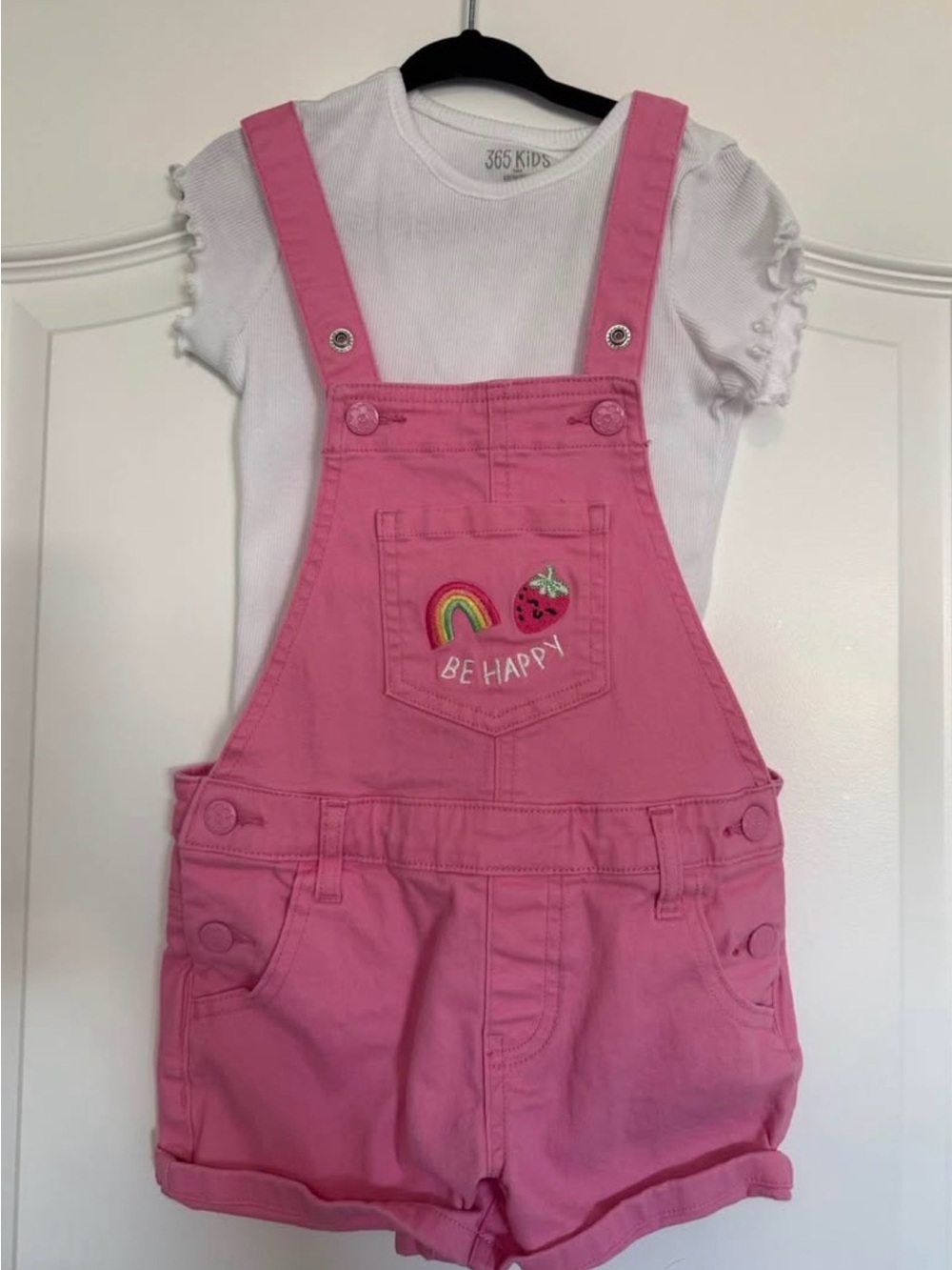 365 Kids Pink 'Be Happy' Girls Short Overalls